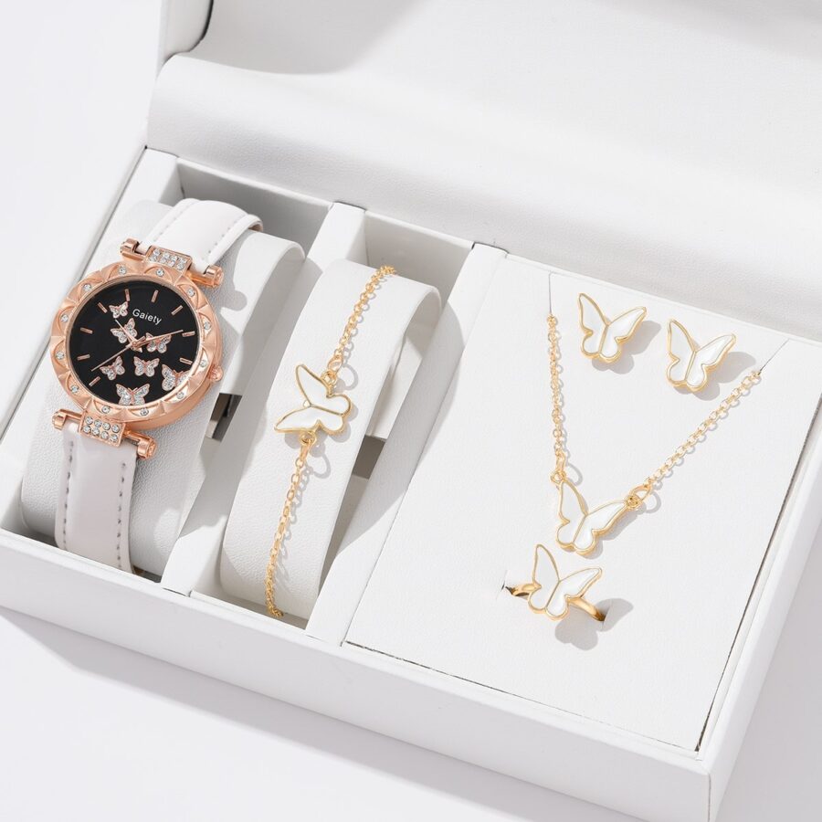 6pcs Luxury Watch Women Ring Necklace Earrings Bracelet - Image 2