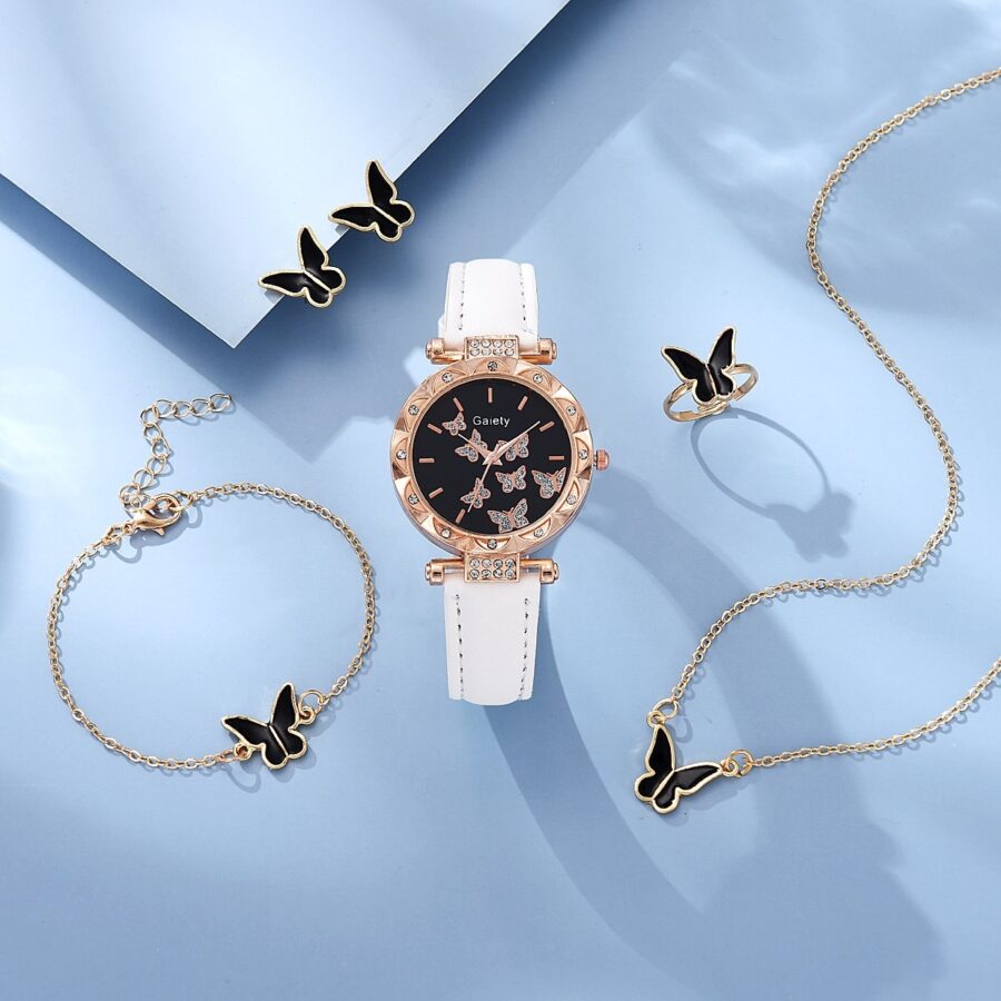 6pcs Luxury Watch Women Ring Necklace Earrings Bracelet - Image 3
