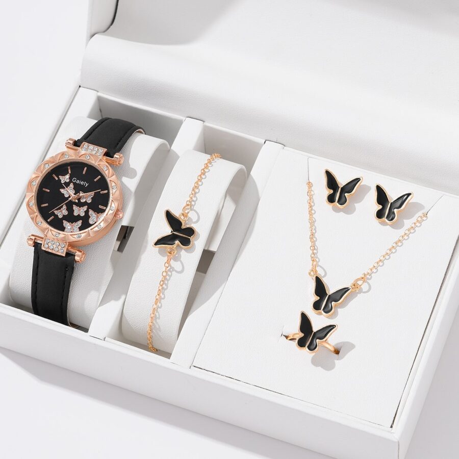 6pcs Luxury Watch Women Ring Necklace Earrings Bracelet