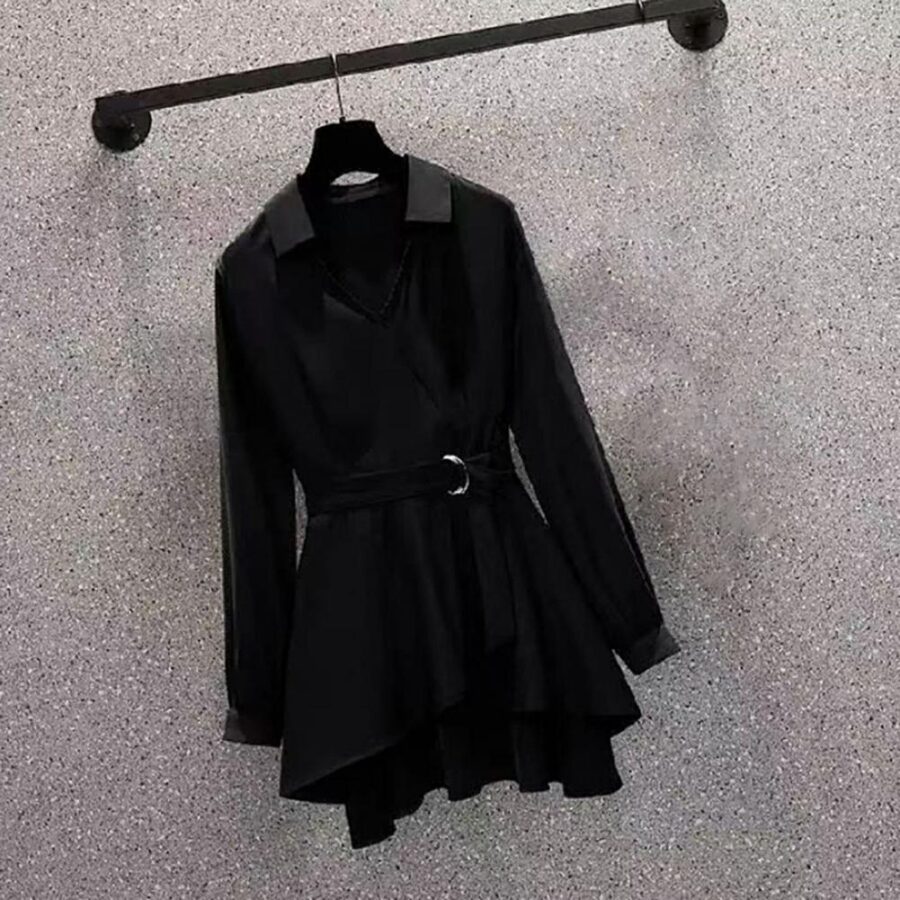 Women Shirt Dress Lapel V Neck Long Sleeves - Image 2