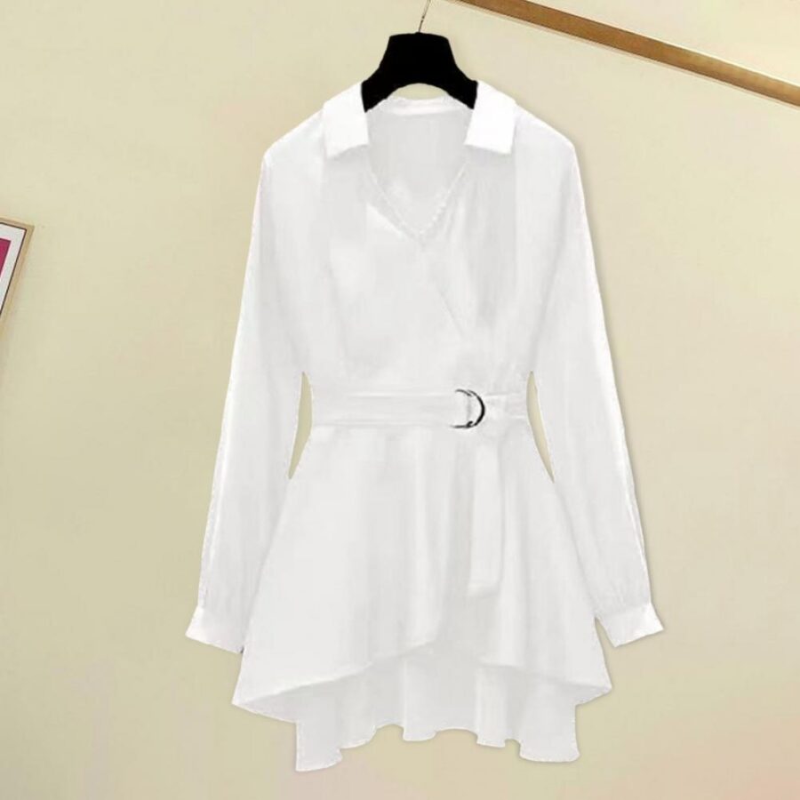 Women Shirt Dress Lapel V Neck Long Sleeves - Image 3