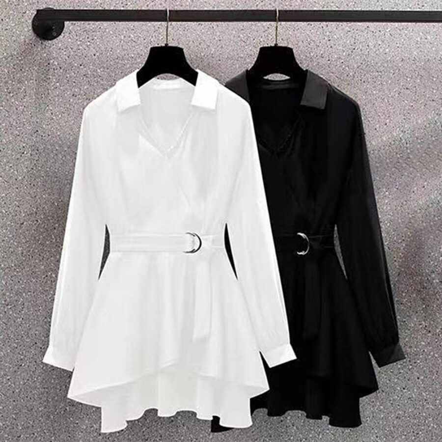 Women Shirt Dress Lapel V Neck Long Sleeves